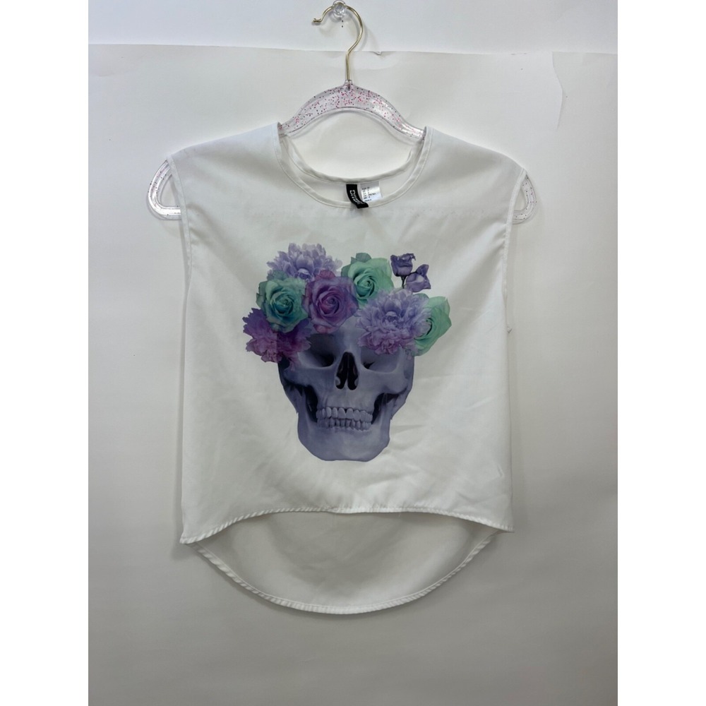 Divided‎ By H&M White Sleeveless Skull & Rose Blouse Shirt Womens Size 2